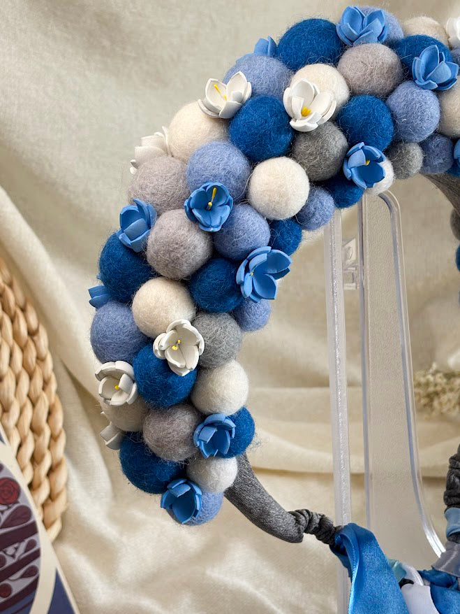 Blue and Grey Wool Ball Flower Crown with Satin Ribbons