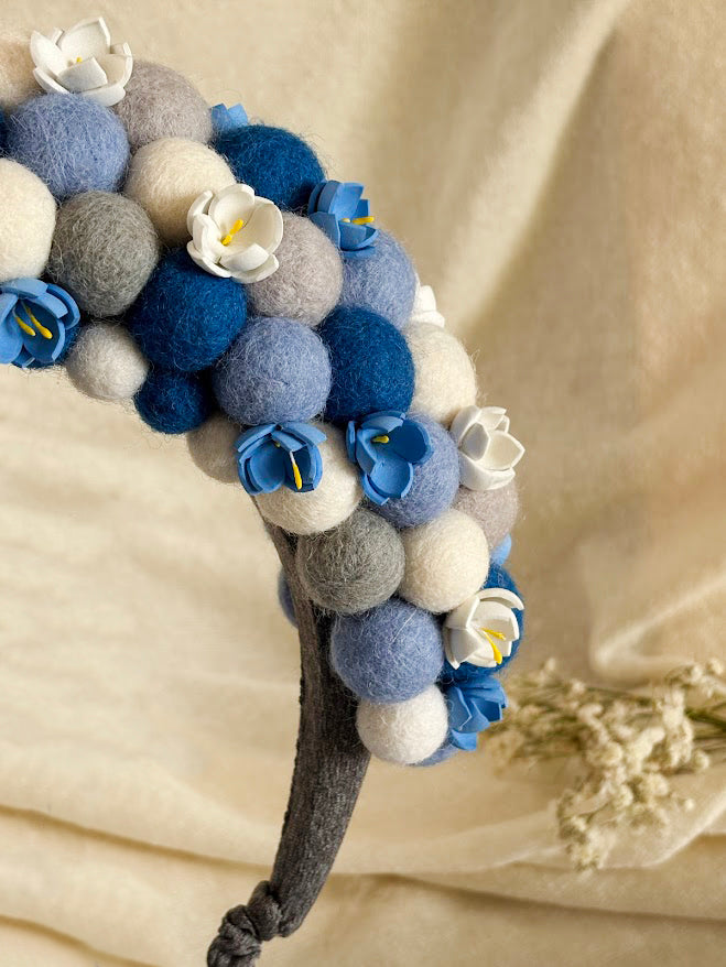 Blue and Grey Wool Ball Flower Crown with Satin Ribbons