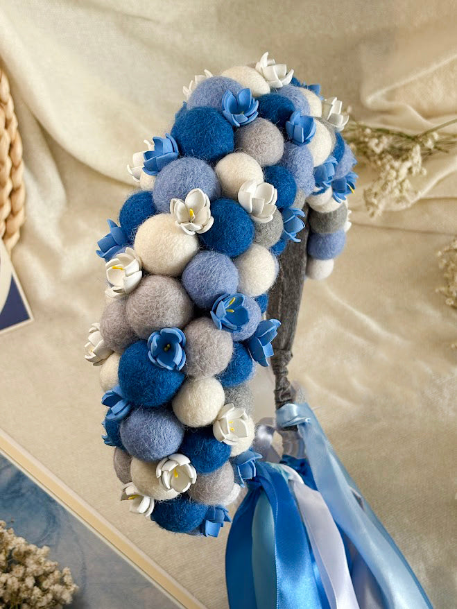 Blue and Grey Wool Ball Flower Crown with Satin Ribbons