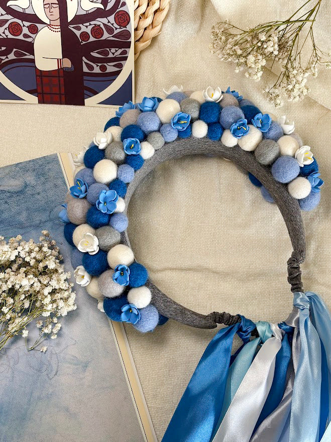 Blue and Grey Wool Ball Flower Crown with Satin Ribbons
