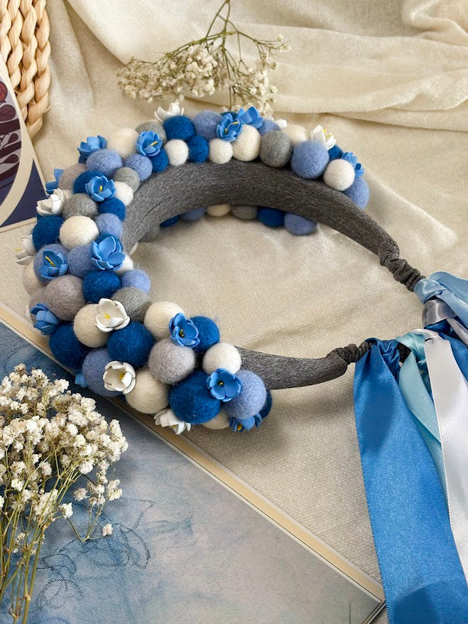 Blue and Grey Wool Ball Flower Crown with Satin Ribbons