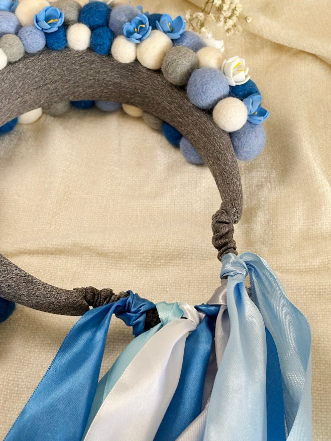 Blue and Grey Wool Ball Flower Crown with Satin Ribbons