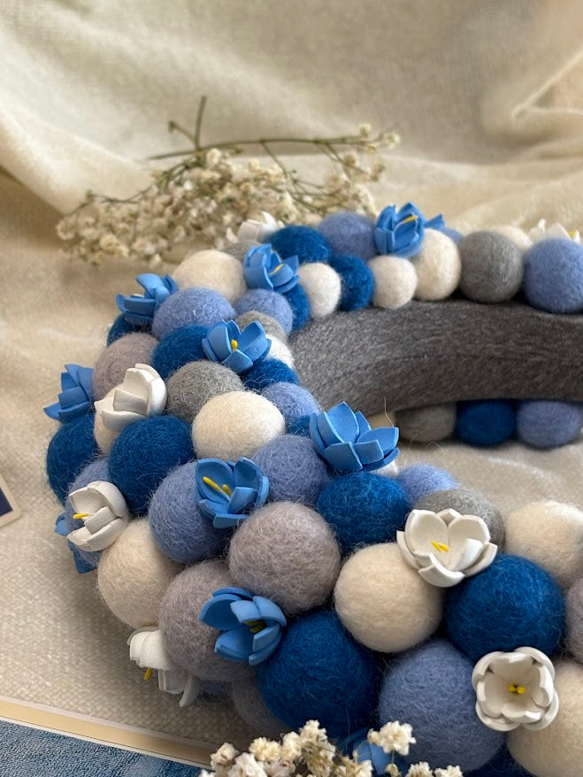 Blue and Grey Wool Ball Flower Crown with Satin Ribbons