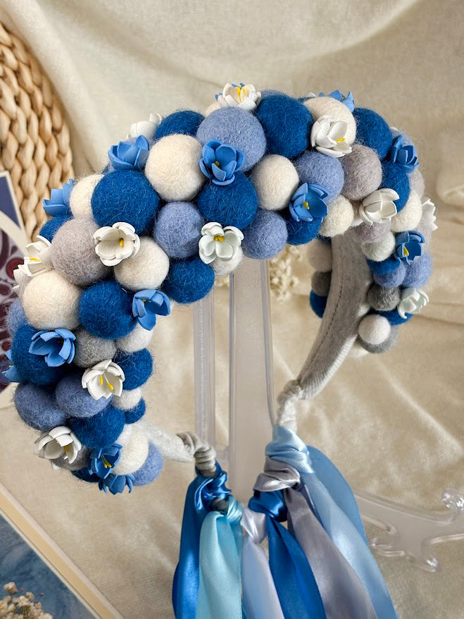 Blue and White Wool Ball Flower Crown with Satin Ribbons
