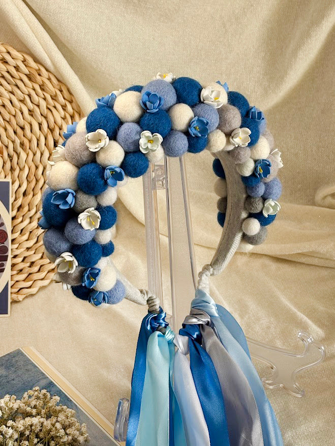 Blue and White Wool Ball Flower Crown with Satin Ribbons