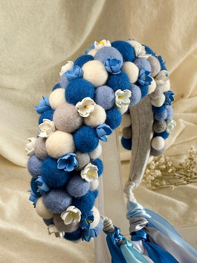Blue and White Wool Ball Flower Crown with Satin Ribbons