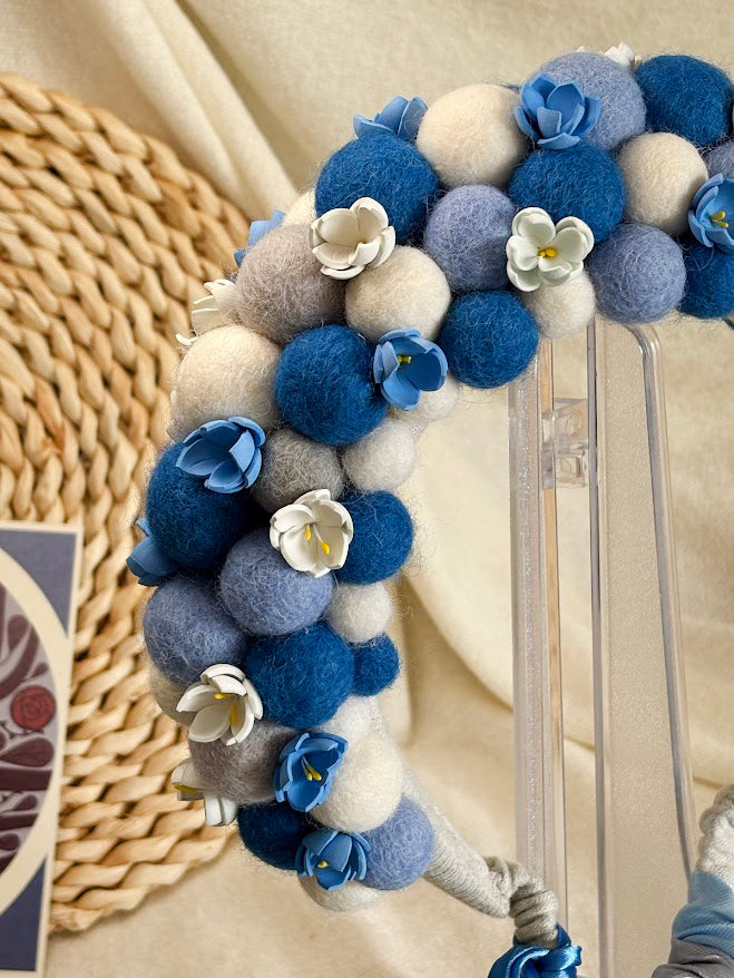 Blue and White Wool Ball Flower Crown with Satin Ribbons