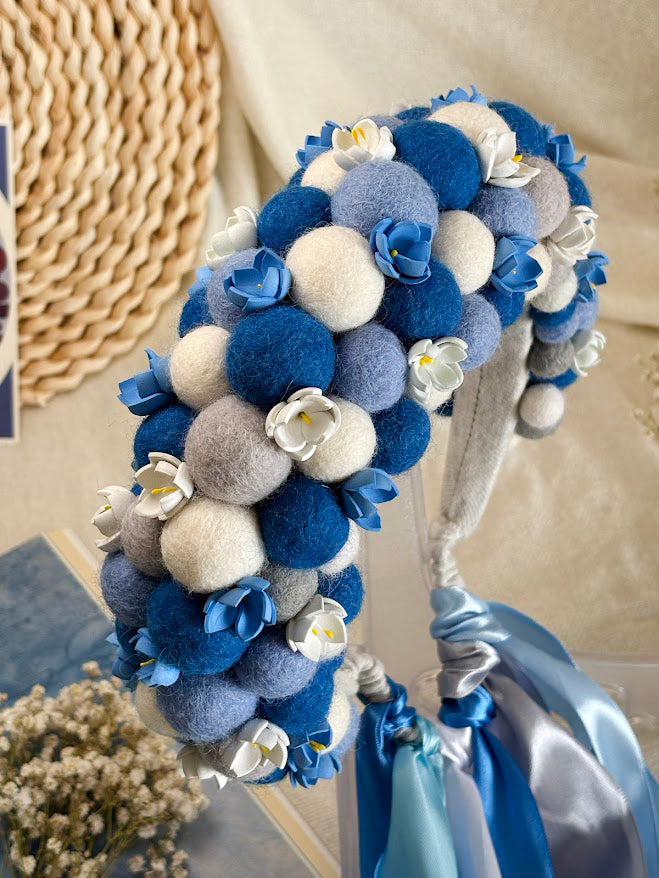 Blue and White Wool Ball Flower Crown with Satin Ribbons