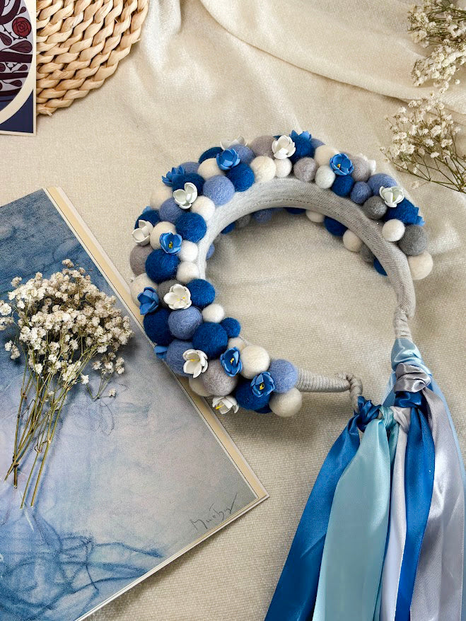 Blue and White Wool Ball Flower Crown with Satin Ribbons