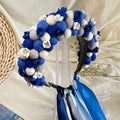 Navy Blue Wool Ball Flower Crown with Satin Ribbons