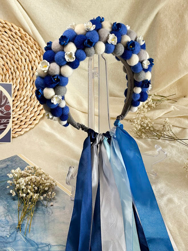 Navy Blue Wool Ball Flower Crown with Satin Ribbons