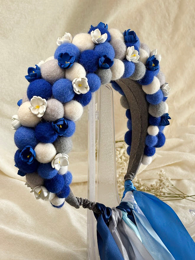 Navy Blue Wool Ball Flower Crown with Satin Ribbons