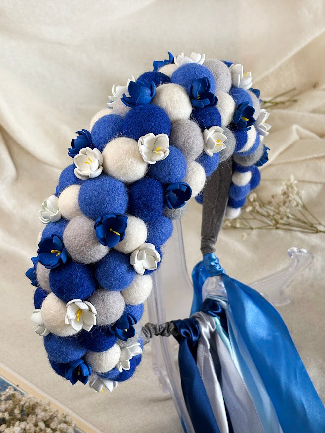 Navy Blue Wool Ball Flower Crown with Satin Ribbons