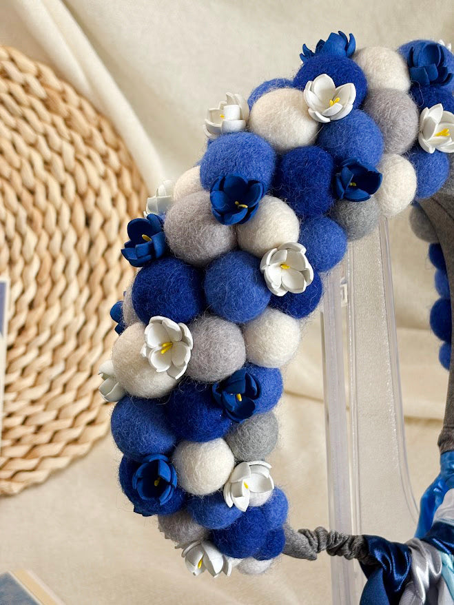 Navy Blue Wool Ball Flower Crown with Satin Ribbons