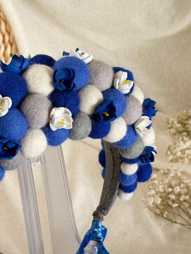 Navy Blue Wool Ball Flower Crown with Satin Ribbons