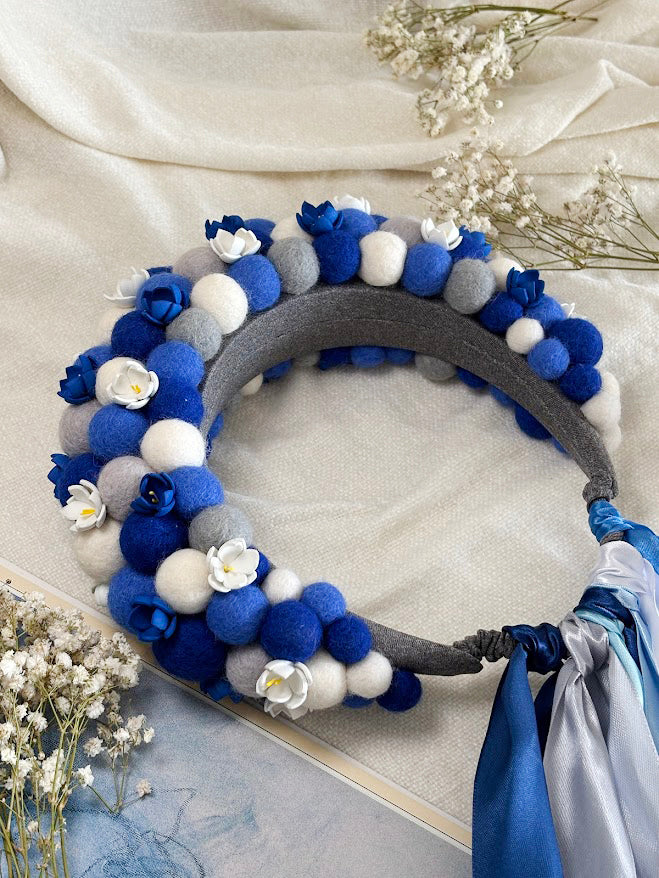 Navy Blue Wool Ball Flower Crown with Satin Ribbons