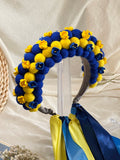 Blue and Yellow Wool Ball Flower Crown with Satin Ribbons