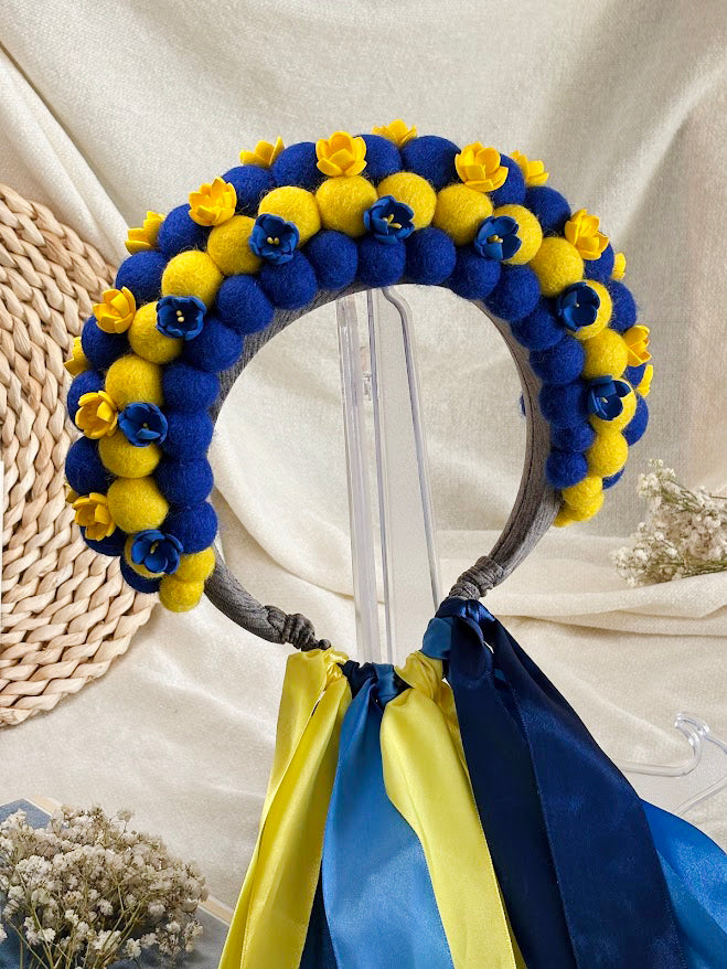 Blue and Yellow Wool Ball Flower Crown with Satin Ribbons