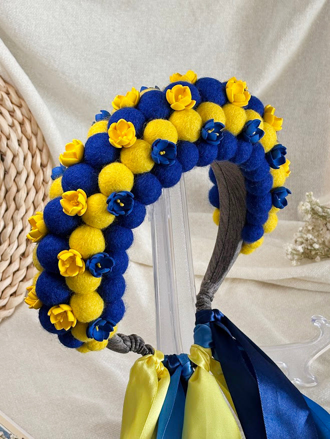 Blue and Yellow Wool Ball Flower Crown with Satin Ribbons