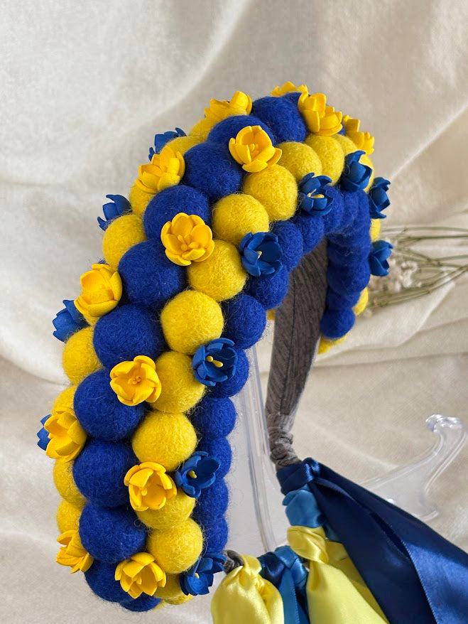 Blue and Yellow Wool Ball Flower Crown with Satin Ribbons