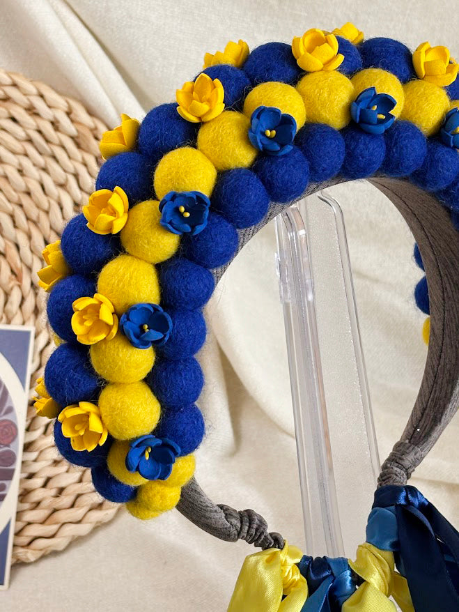 Blue and Yellow Wool Ball Flower Crown with Satin Ribbons