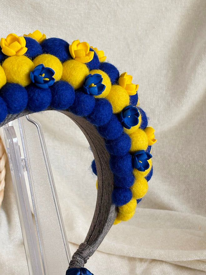 Blue and Yellow Wool Ball Flower Crown with Satin Ribbons