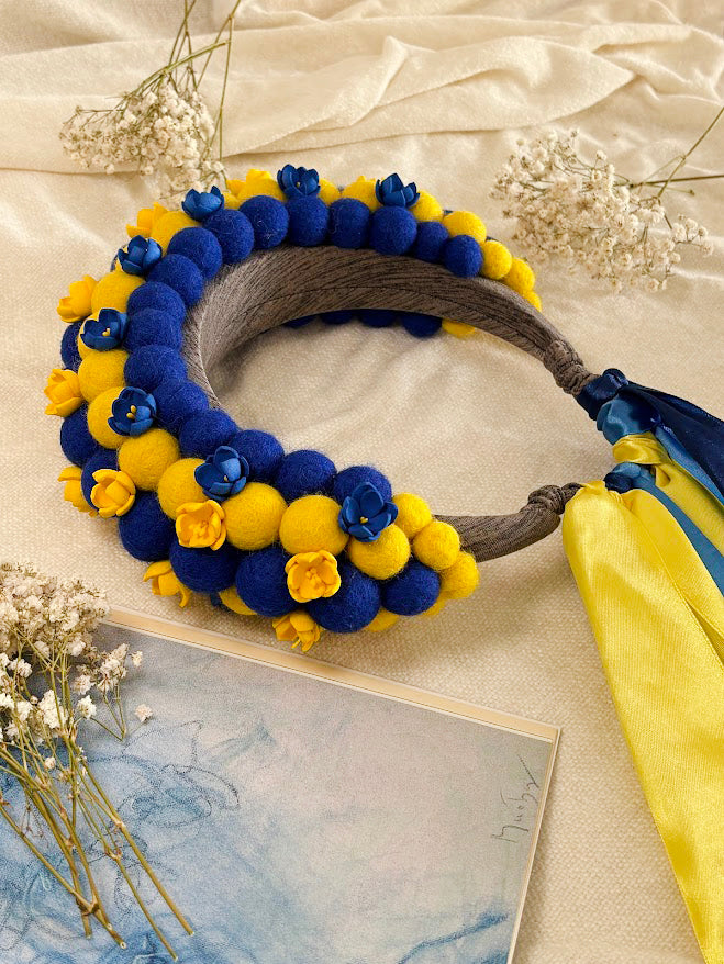 Blue and Yellow Wool Ball Flower Crown with Satin Ribbons