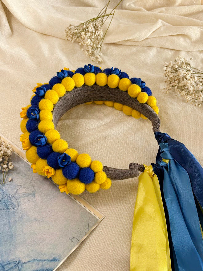 Yellow and Blue Wool Ball Flower Crown with Satin Ribbons