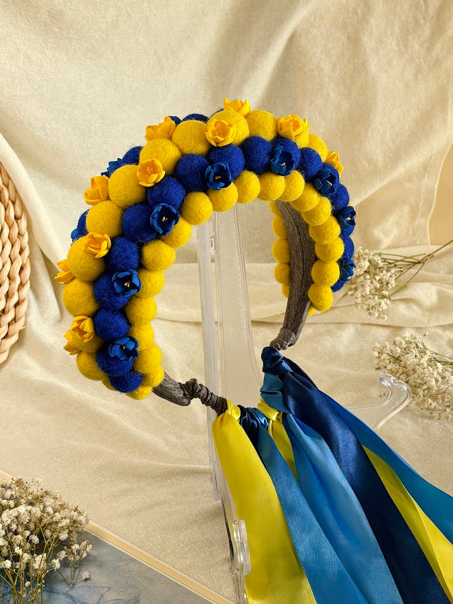 Yellow and Blue Wool Ball Flower Crown with Satin Ribbons