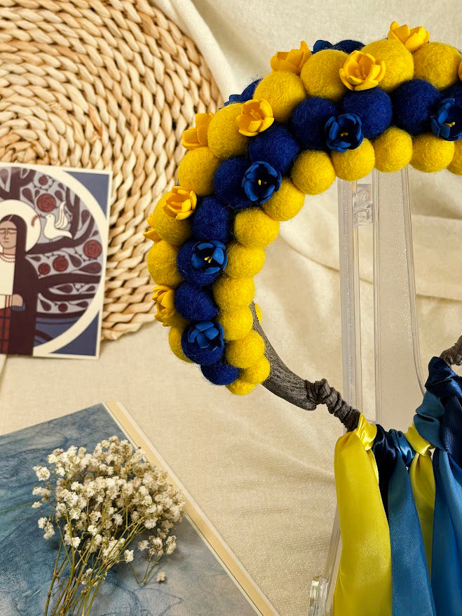 Yellow and Blue Wool Ball Flower Crown with Satin Ribbons