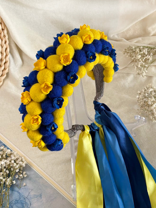 Yellow and Blue Wool Ball Flower Crown with Satin Ribbons