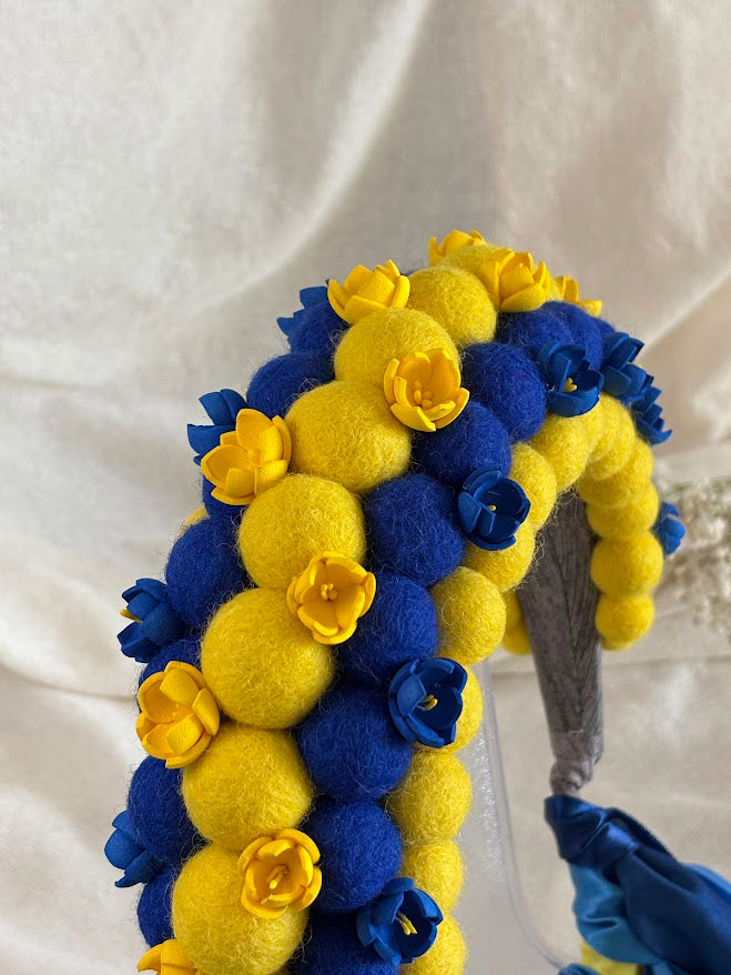 Yellow and Blue Wool Ball Flower Crown with Satin Ribbons