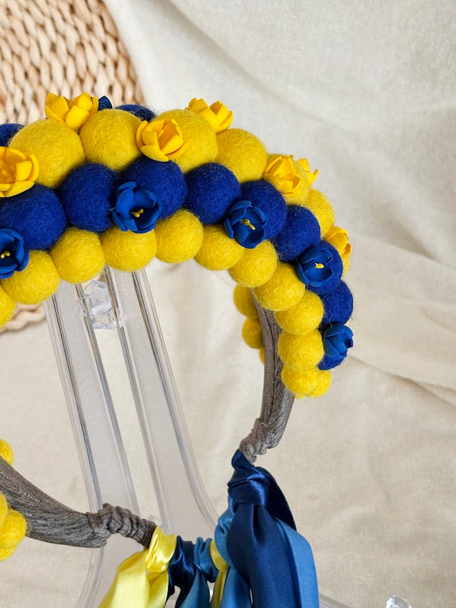 Yellow and Blue Wool Ball Flower Crown with Satin Ribbons