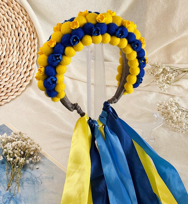 Yellow and Blue Wool Ball Flower Crown with Satin Ribbons