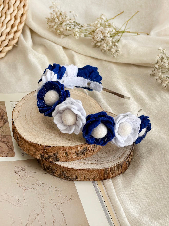 Handmade Girls Floral Hair Band - Navy & White