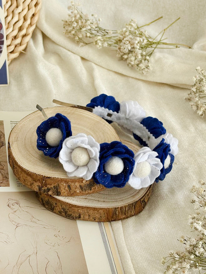 Handmade Girls Floral Hair Band - Navy & White