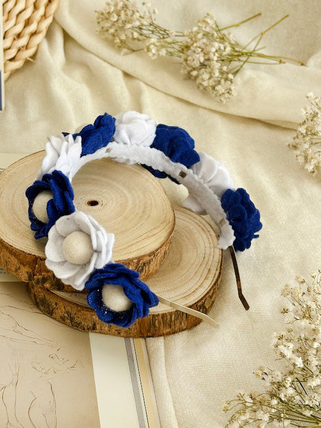 Handmade Girls Floral Hair Band - Navy & White