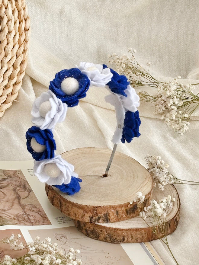 Handmade Girls Floral Hair Band - Navy & White