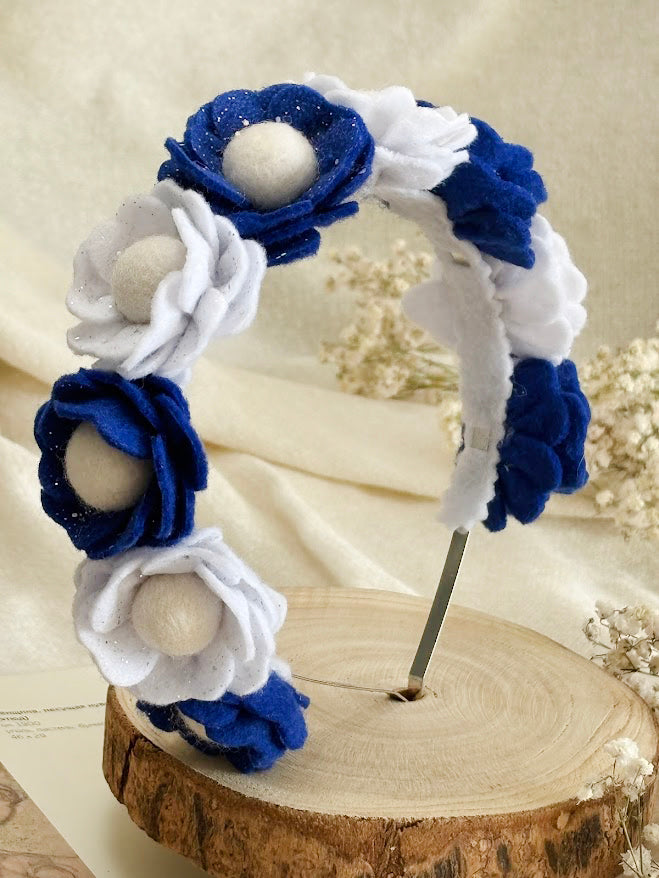 Handmade Girls Floral Hair Band - Navy & White