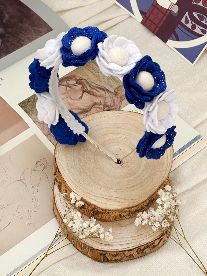 Handmade Girls Floral Hair Band - Navy & White