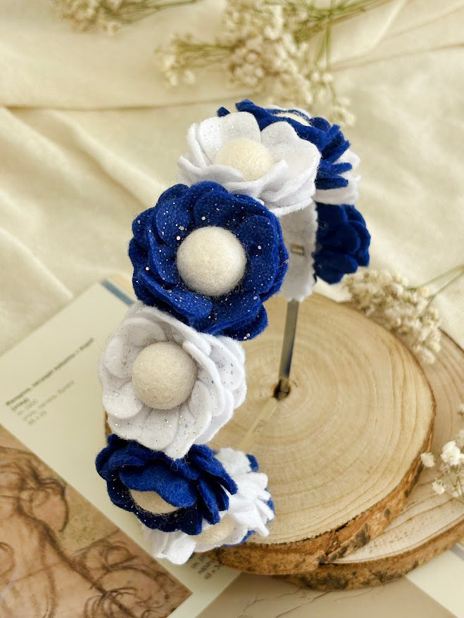 Handmade Girls Floral Hair Band - Navy & White