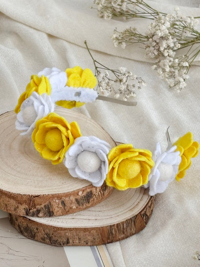 Handmade Girls Floral Hair Band - Yellow & White