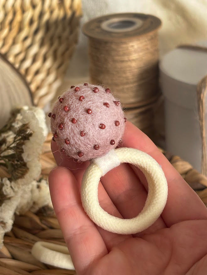 Dusty Rose Pom Pom Hair Ties, Set of 2, with Brown Beads