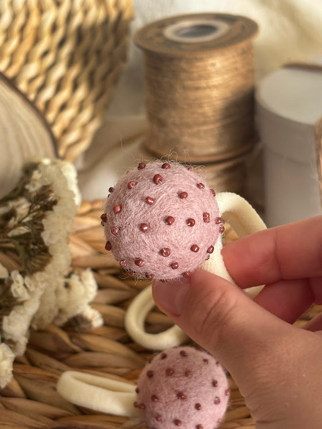 Dusty Rose Pom Pom Hair Ties, Set of 2, with Brown Beads