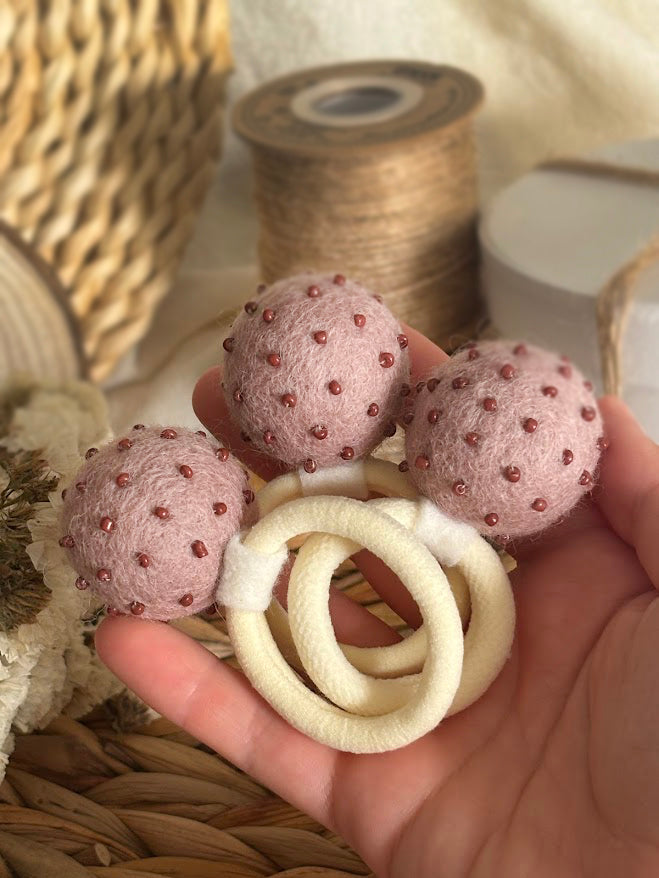 Dusty Rose Pom Pom Hair Ties, Set of 2, with Brown Beads