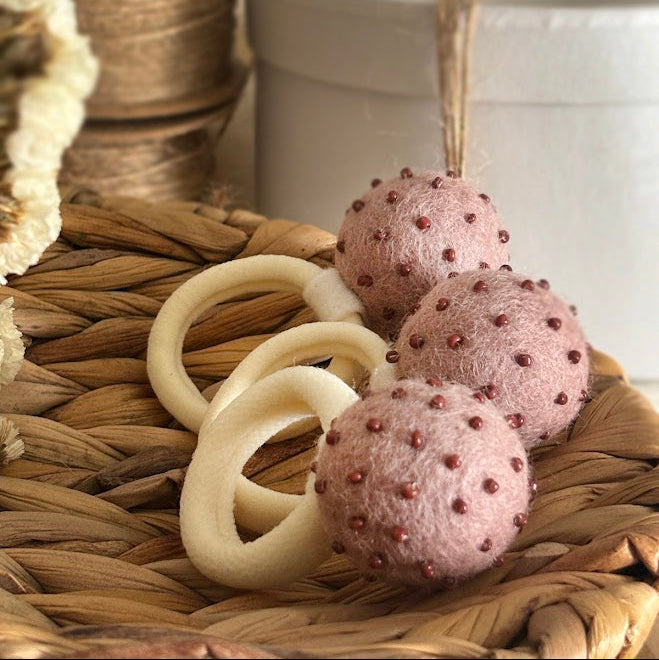 Dusty Rose Pom Pom Hair Ties, Set of 2, with Brown Beads