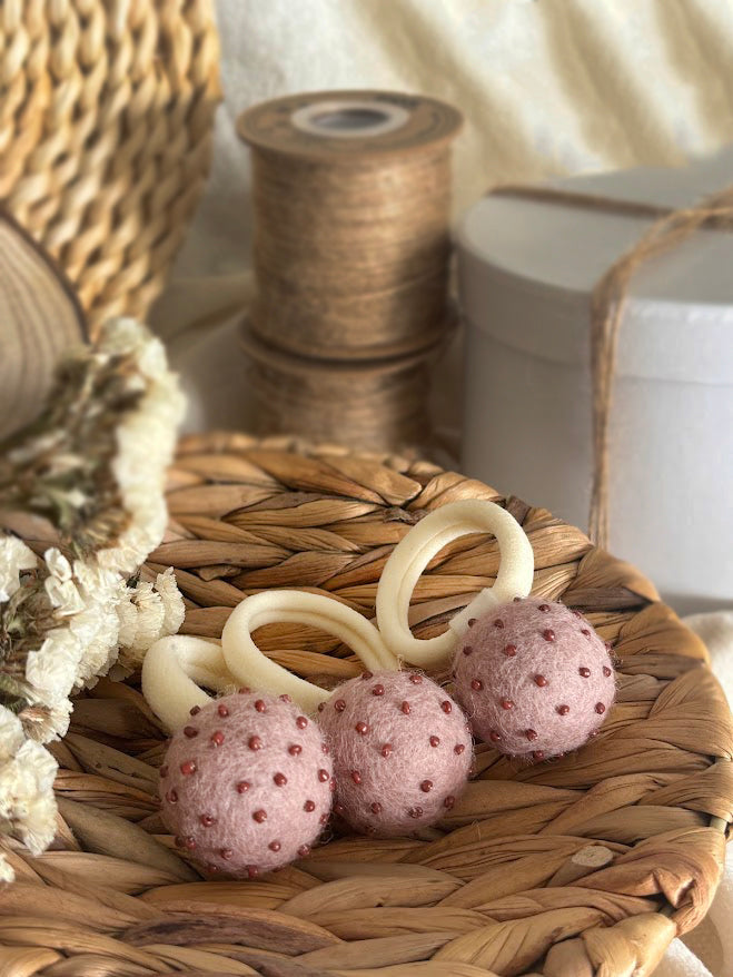 Dusty Rose Pom Pom Hair Ties, Set of 2, with Brown Beads