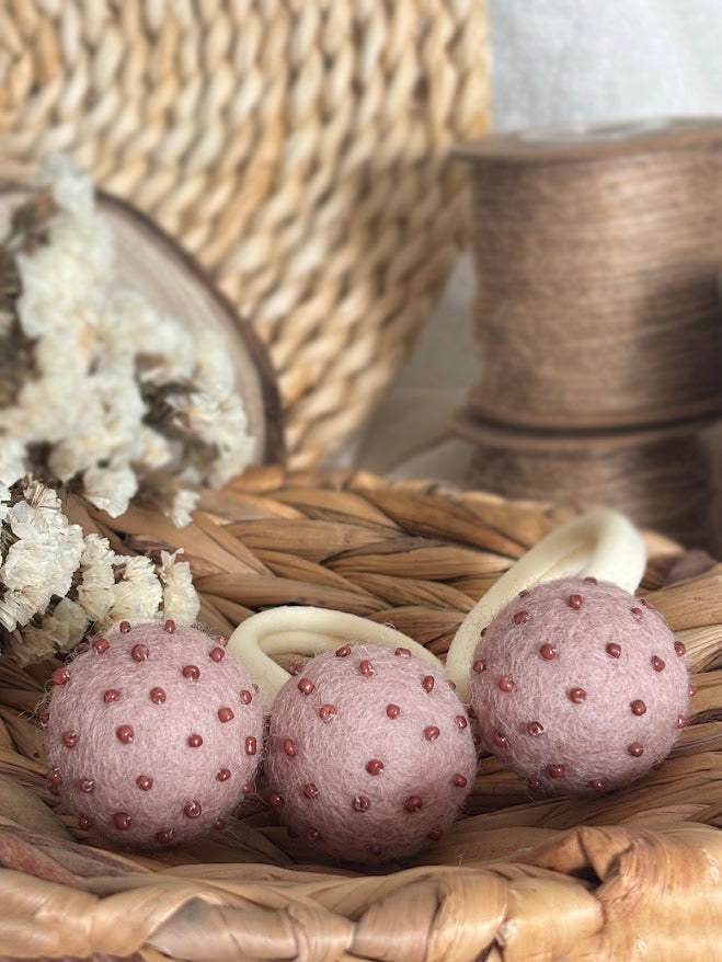 Dusty Rose Pom Pom Hair Ties, Set of 2, with Brown Beads