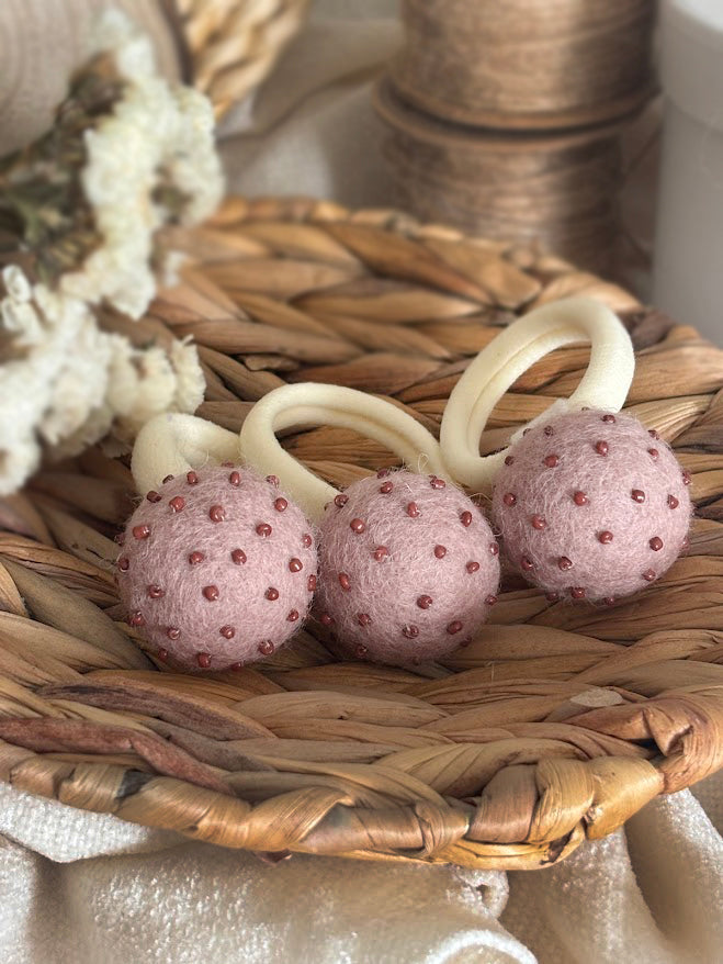 Dusty Rose Pom Pom Hair Ties, Set of 2, with Brown Beads