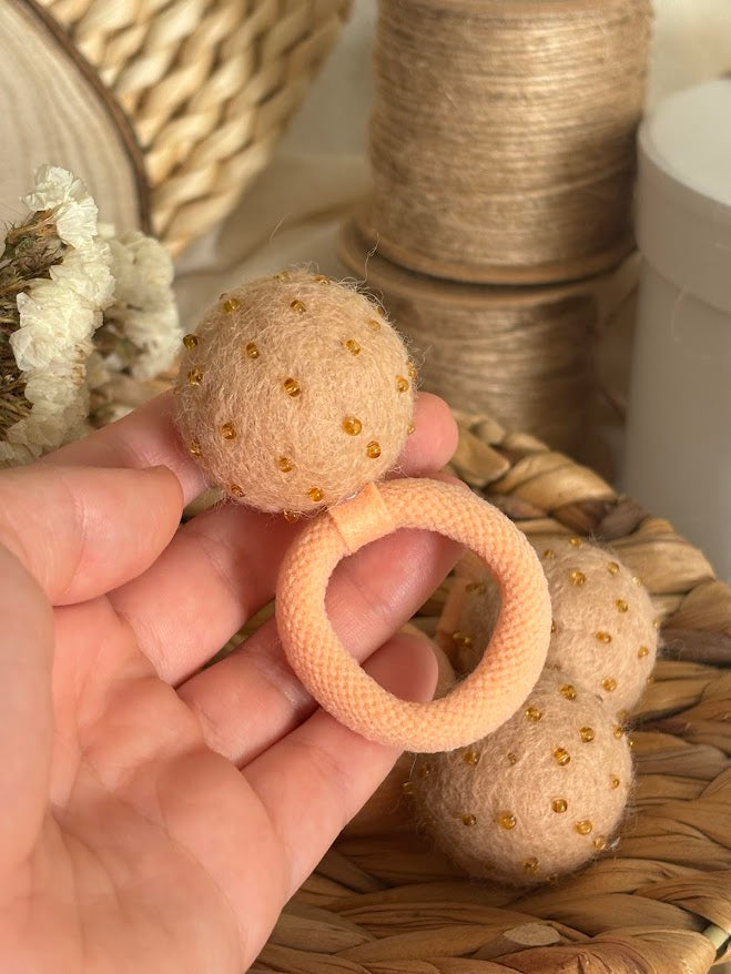 Peach Pom Pom Hair Ties, Set of 2, with Bright Gold Beads